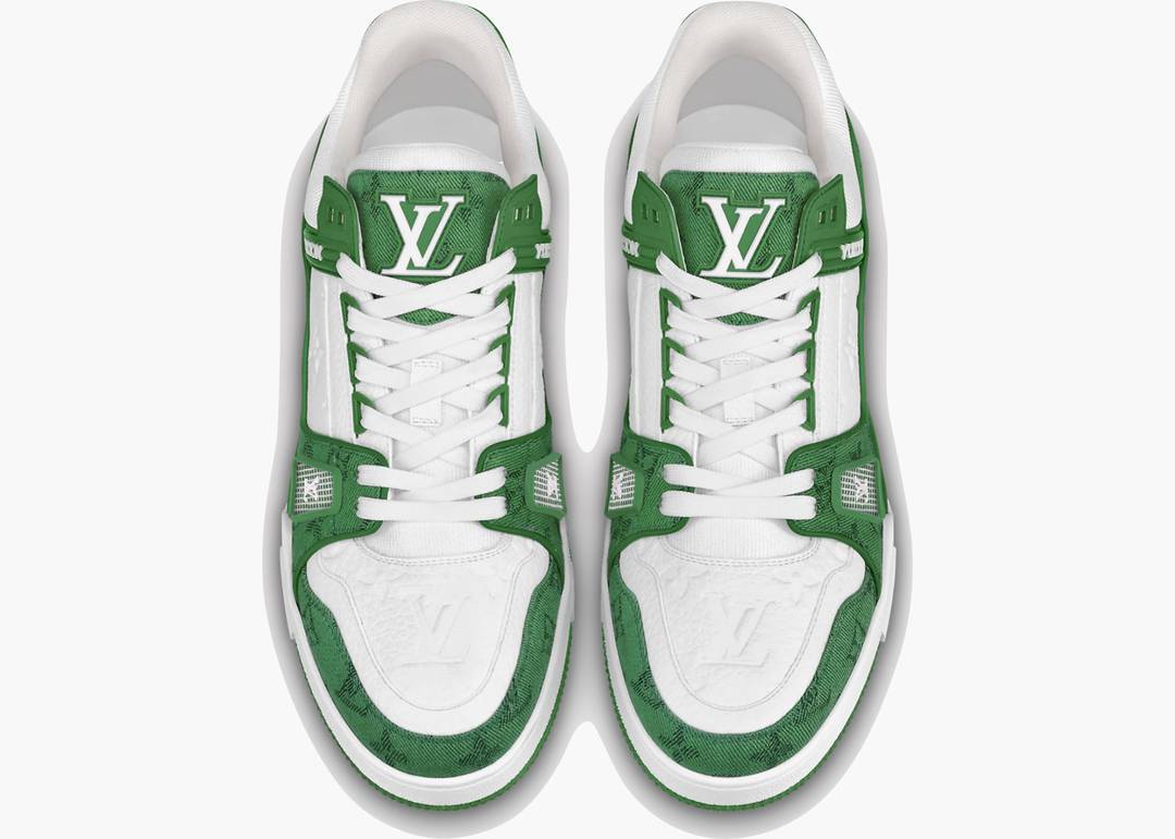 LV Trainer Shoes in green monogram denim and white grained calf