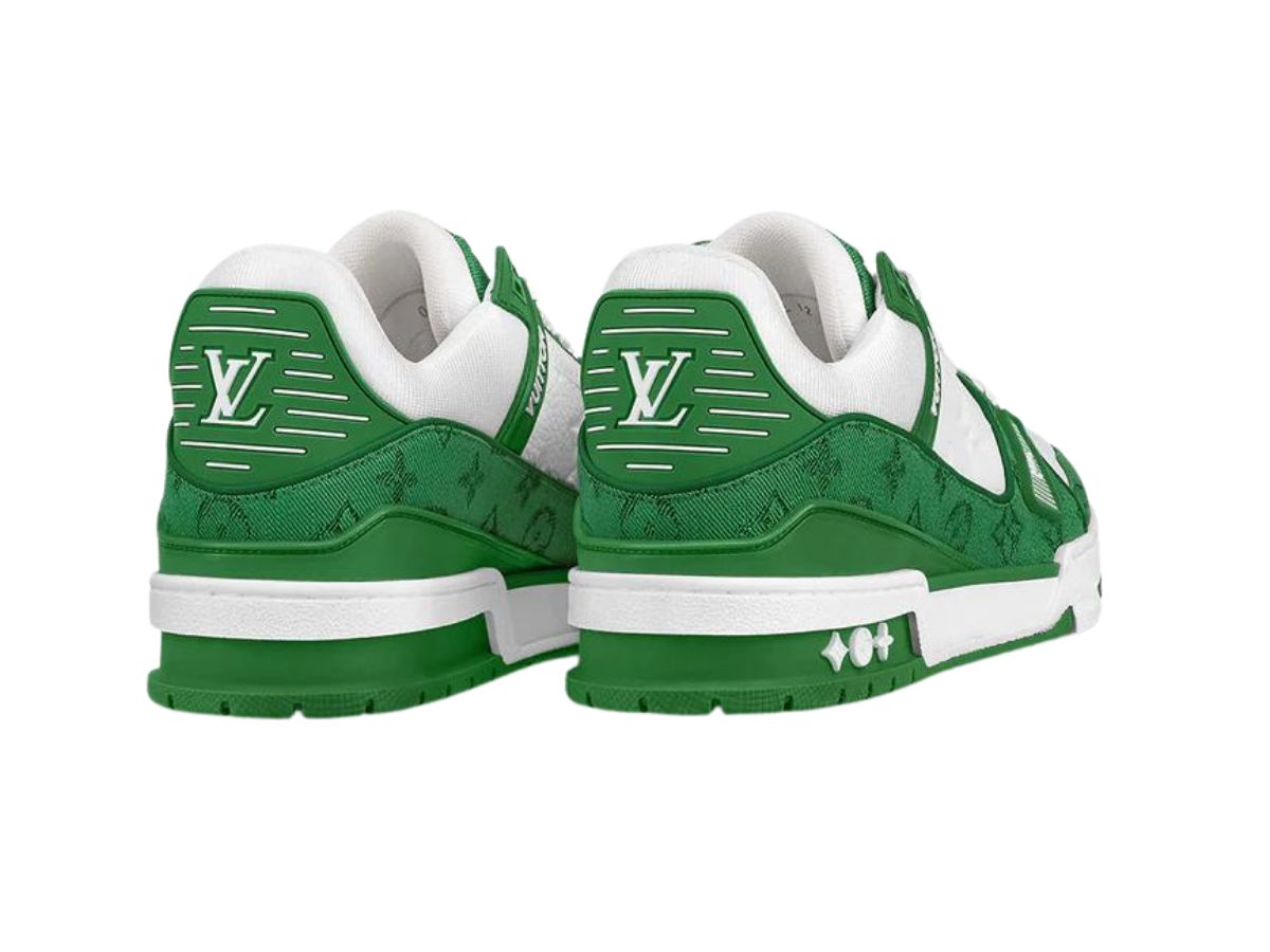 LV Trainer Shoes in green monogram denim and white grained calf