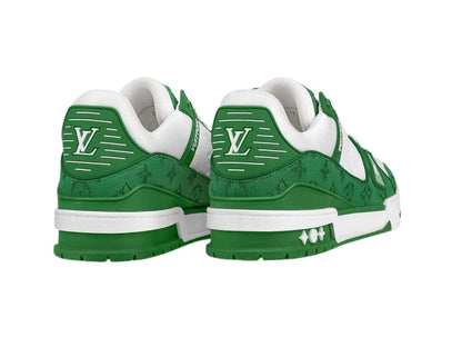 LV Trainer Shoes in green monogram denim and white grained calf