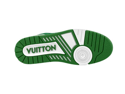 LV Trainer Shoes in green monogram denim and white grained calf